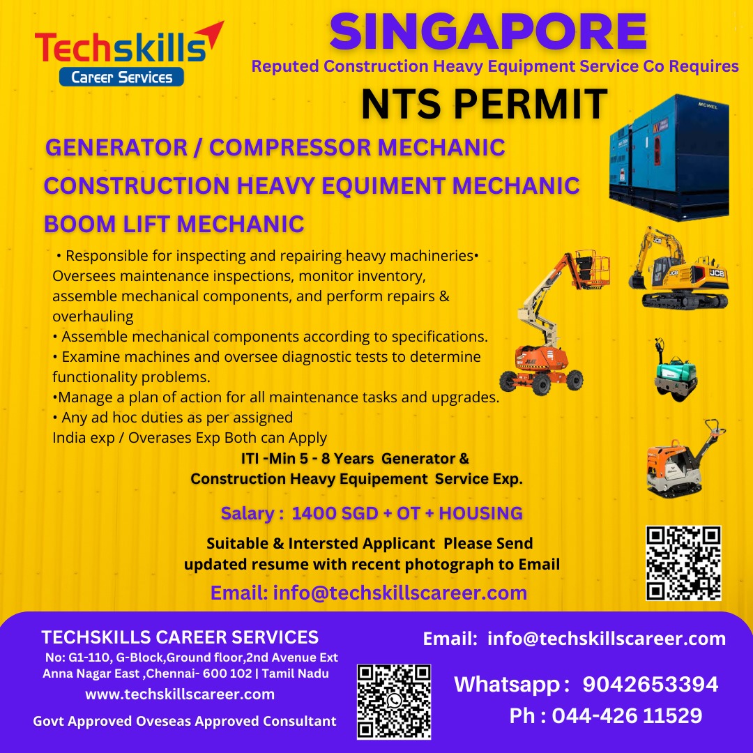 SINGAPORE- REQUIRED - GENERATOR TECHNICIAN ( NTS PERMIT)