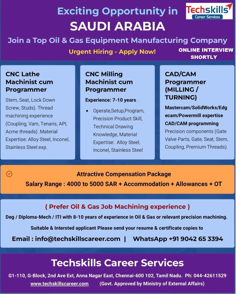 Saudi Arabia Requires : CNC TURNER ( Pref Exp in OIl & Gas)
